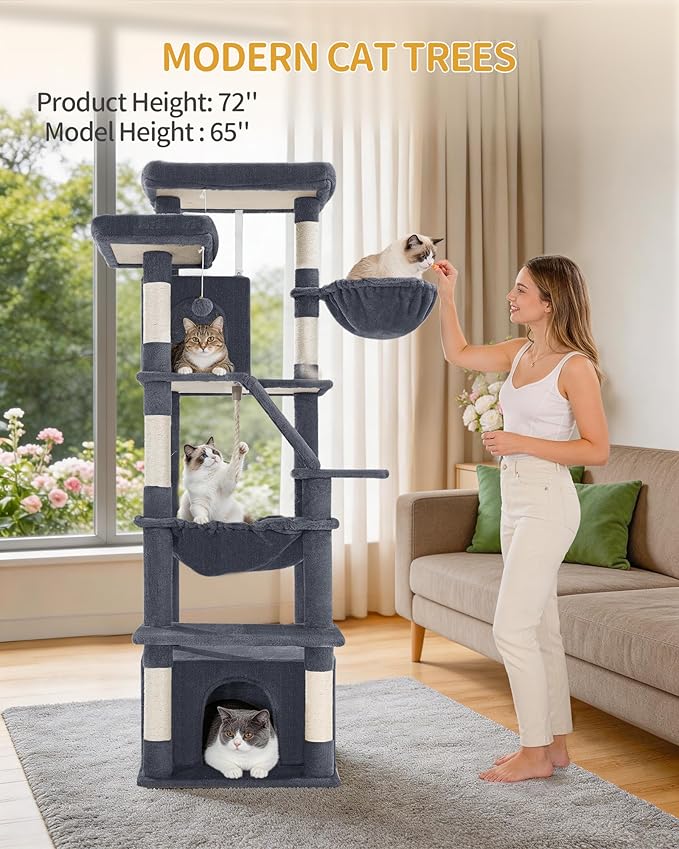 Large Cat Tree, 72 Inch Tall Indoor Cat Tower for 6 Large Cats, Corner Climbing Activity Pet Condo with 2 Large Platforms/2 Cats House/6 Scratching Post/1 Hanging Basket, Dark Gray MS18318SG