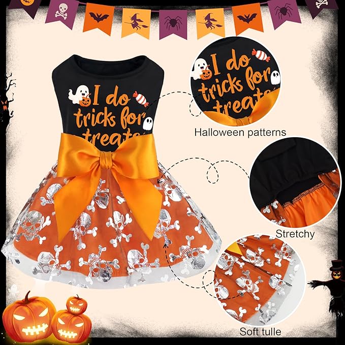 XPUDAC Halloween Dog Dress Costumes for Small Dogs Girl Tulle Dress Dog Clothes Skull Holiday Pet Costume Cat Outfits, Orange-Medium