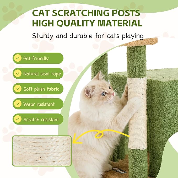 45.3-inch Multi-Level Cat Tree Tower with 3 Soft Platforms & 2 Cat Caves, Fully Wrapped Sisal Scratching Post for Indoor Cats, Dangling Toy, Green