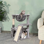 SYANDLVY Cat Tree for Indoor Cats Large Adult, Modern Activity Tower with Scratching Posts & Board, Condo with Plush Perch, Climbing Stand with Cradle & Hanging Ball for Play, Light Grey