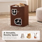 Joydeco Cat House for Indoor Cats, 2 Story Scratch Resistant Felt Cat Condo, Hideaway Pet Cave Bed with Fluffy Ball and Tunnel for Kitten, Small Dogs, Rabbits, 17.7 x 13.3 x 24, Coffee