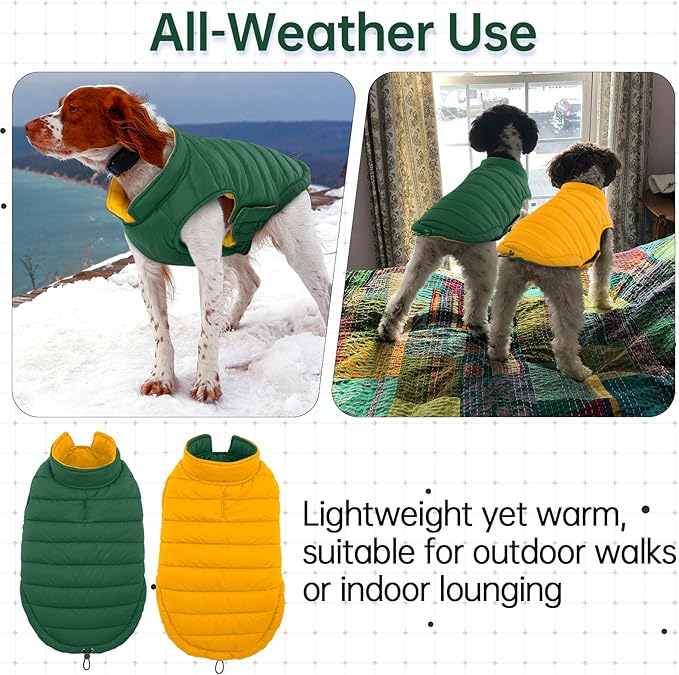 Lelepet Reversible Dog Coat Waterproof Dog Jacket Windproof Puffer Vest for Winter Warm Lightweight Coats for Large Dogs Adjustbale Hook & Loop Pet Apparel with Leash Hole, Pitbull, Green, XL