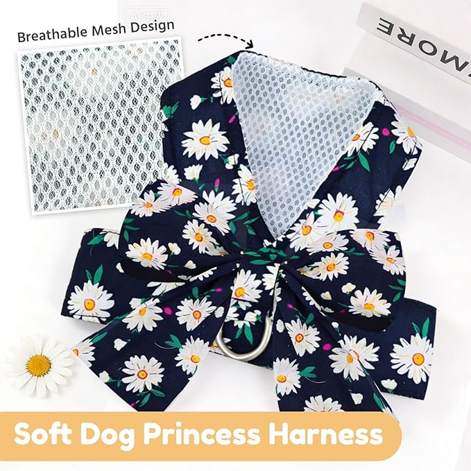 BAEJMJK Dog Harness and Leash Set with Bow Knot No Pull Pet Daisy Floral Harness with D-Ring Soft Mesh Dog Harness Vest Set Escape Proof Princess Puppy Harness for Small Girl Dogs Cats（Navy Blue XS）