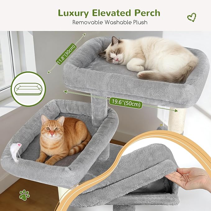 Globlazer 82" Extra Large Cat Tree for Big Cats, Heavy Duty Cat Tree for Multi-Cat Household, Maine Coon Cat Tree with 3 Condos, 2 Hammocks, 3 Perches & Scratching Board, S82D, Light Grey