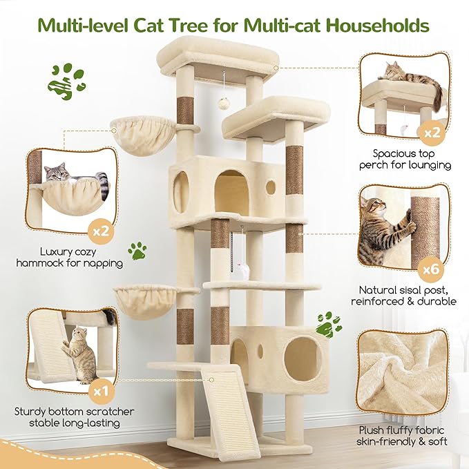 Globlazer 77" Cat Tree for Large Cats, Tall Cat Tower with Scratching Board & Thickened Stable Base, Skin-Friendly Multi-Level Activity Center for Multi-Cat Household, Maine Coon, S77C,Beige
