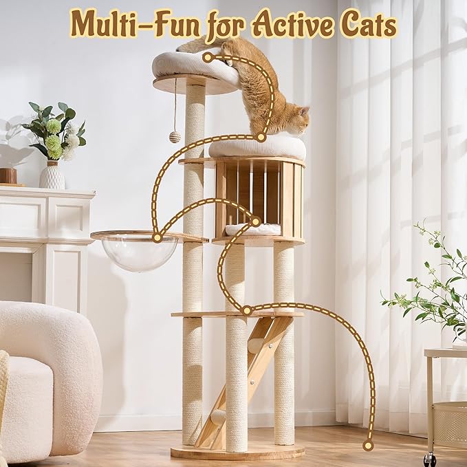 Modern Solid Wood Cat Tree for Indoor Cats Large Adult, 61.5in Tall Cat Tower with Sisal Scratching Posts, Ladder, Cozy Cat Beds, Semi-Open Cat Condo, Dangling Ball, Multi-Level Cat Furniture