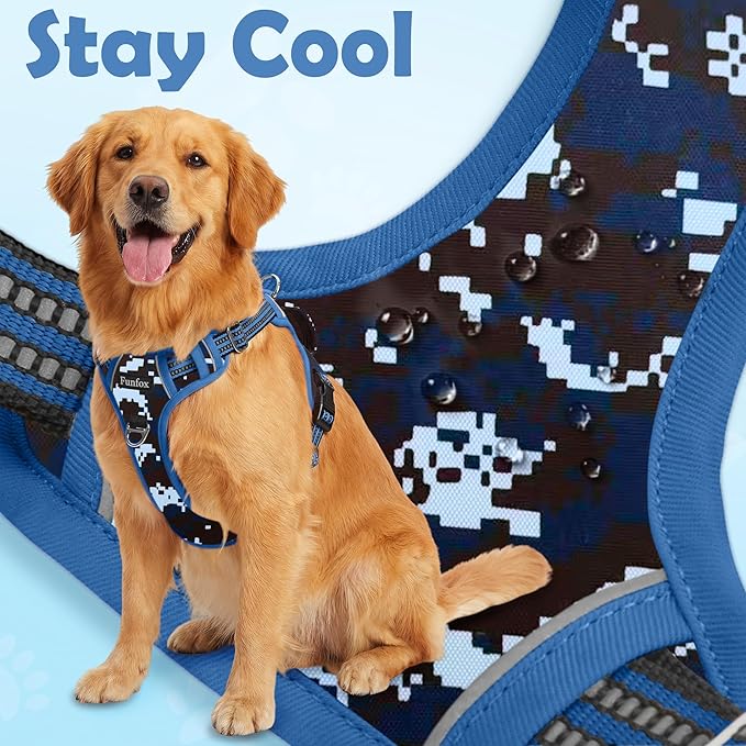 Funfox Dog Harness No Pull, Adjustable Pet Vest Harness, Super Soft Material with Vertical Handle Easy Control, Reflective Night Walking, 2 Leash Clips for XLarge Dogs, Mosaic Blue, XL