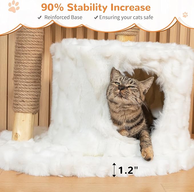 COZIWOW Modern Cat Tree Tower, Cloud Cat Tree with Solid Natural Wood Scratching Post, Luxury Condo & Perches, Aesthetic White Cat Furniture for Indoor Large Cats, 34" L X 17.7" W X 41.7" H