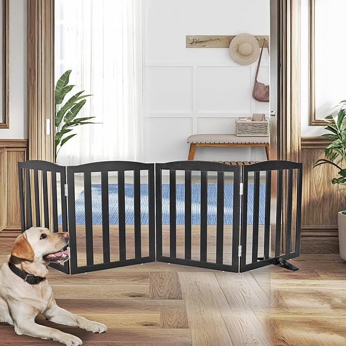 Freestanding Dog Gate Indoor,Doggie Gate Foldable Pet Gates for Doorways,Stairs or Hallways, Wooden Black Pet Gate for the House, Pet Fence with Support Feet Included,24 "Height-4 Panels