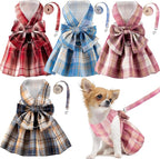 4 Pcs Cute Plaid Dog Dress Set with Bow Tie Harness & Leash for Small Dogs, Puppy Clothes for Girls Outfits(M,Dark Color)