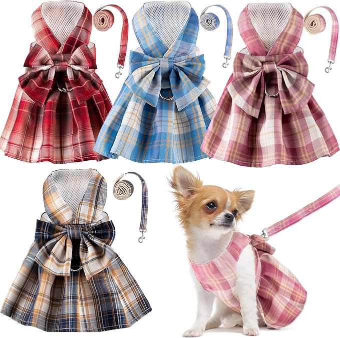 4 Pcs Cute Plaid Dog Dress Set with Bow Tie Harness & Leash for Small Dogs, Puppy Clothes for Girls Outfits(S,Dark Color)