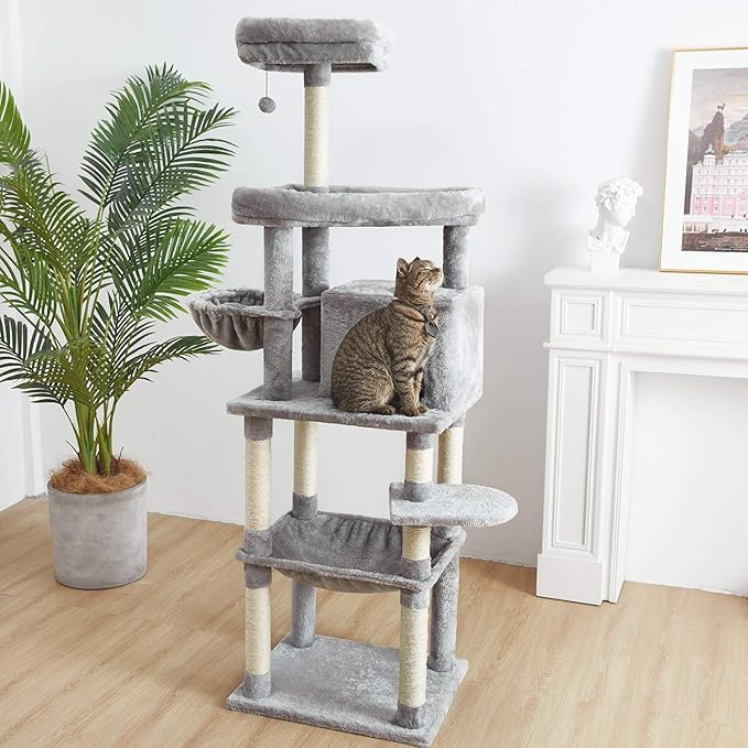 Catinsider 70.9 Inches Multi Level Cat Tree with Two Hammocks, Condo, Top Perch for Cats Light Gray