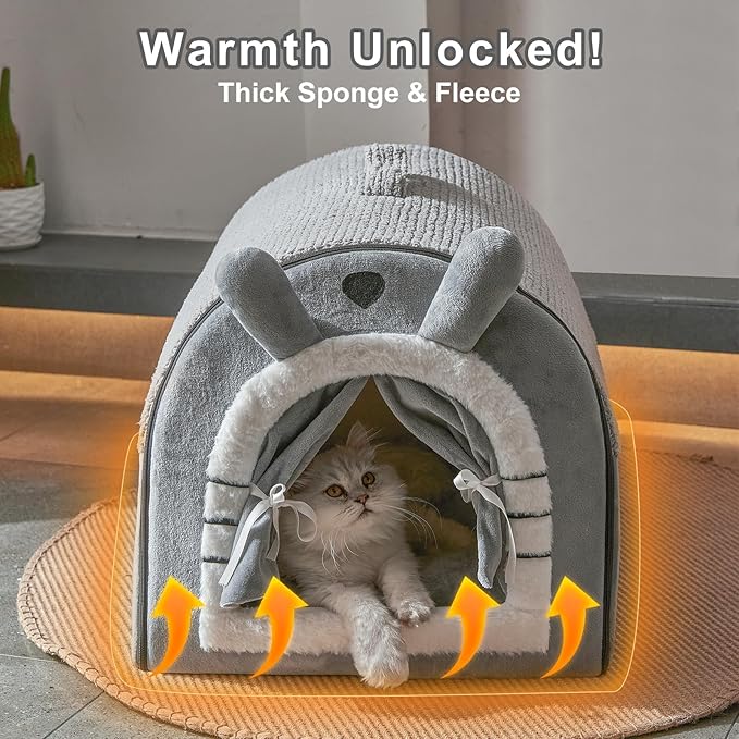 Jiupety Small Dog House Indoor, Dog Cave with Door Curtain Design, Puppy House with Reversible Washable Cushion, M Size Portable Pet Cave for 7-13 lb Cats and 5-11 lb Dogs, Non-Slip Bottom, Grey