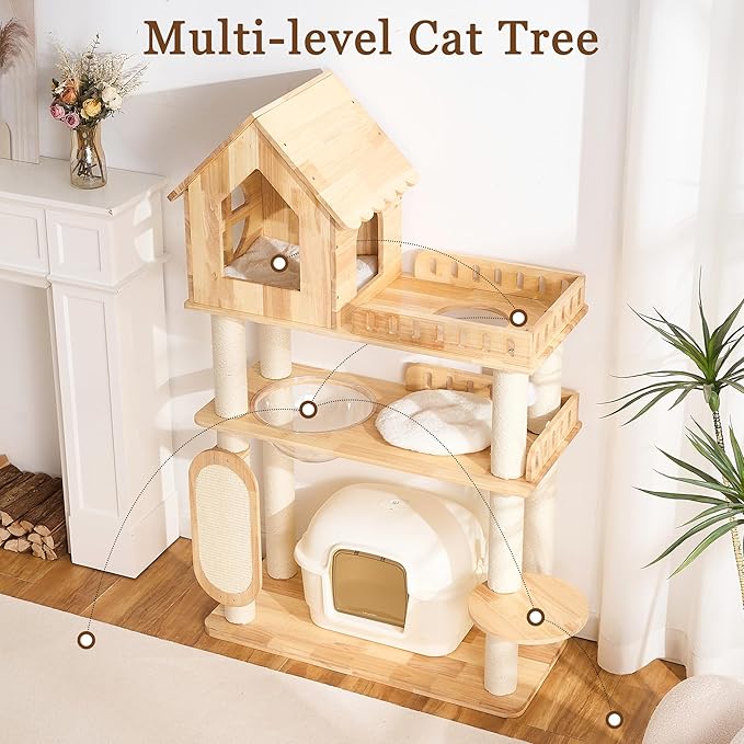 Modern Solid Wood Cat Tree Tower for Indoor Cats Large Adult, 58 inch Corner Cat Tree with Cat House, Luxury Aesthetic Cat Tree with Space Capsule, Large Perch, Sisal Scratching Pad Post