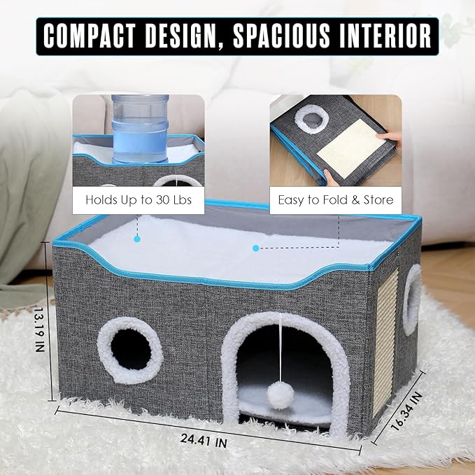 Houseables Cat House, Cat Cave Bed, Kitty House, Hideaway Pet Bed, Cathouse, Catbed, Kitten Hideout, Covered Pet Cave, Indoor Kitty Home, Hiding Spot, Enclosed Cubby Box, Fort Cube, w/Scratcher, Large