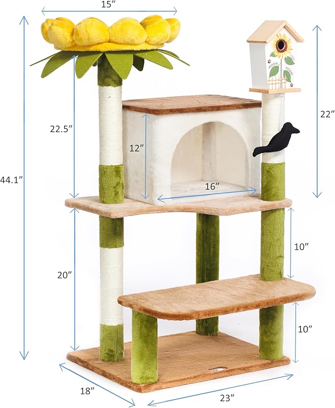 HYABi 44.1 Inch Tall Flower Cat Tree Tower Condo Climbing for Indoor Cats Multi Level with Sisal Scratching Post Hammocks Pet House Play Home Furniture Platform