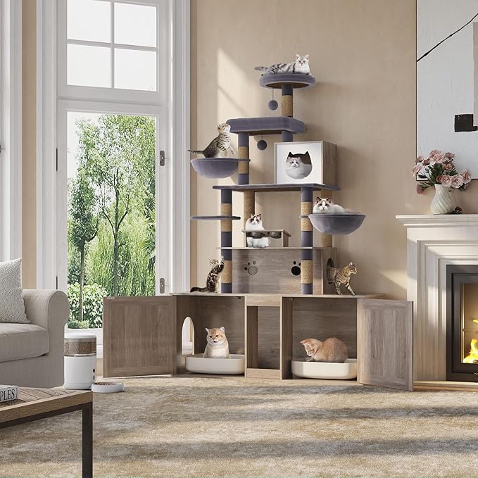HavenlyYouth Cat Tree with 2 Litter Box Enclosures, All-in-One Cat Tower, Cat Condo with Sisal Scratching Posts, Hammocks, Detachable Plush Ball, Wooden Cat Furniture with Large Platforms, Grey