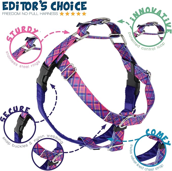 2 Hounds Design - Freedom No-Pull Harness & Training Leash in Pink and Purple | Dual Leash Loops, No Pulling on Walks | Lined to Prevent Chaffing | for Large Sized Dogs (Size M, Chest 24”- 28”)