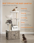 Feandrea Cat Tree, 66.9-Inch Cat Tower with Litter Box Enclosure, Large Condo with Food Station, Storage, Scratching Posts, Cave, Hammock, Washable Cushions, Heather Greige UPCT169K02