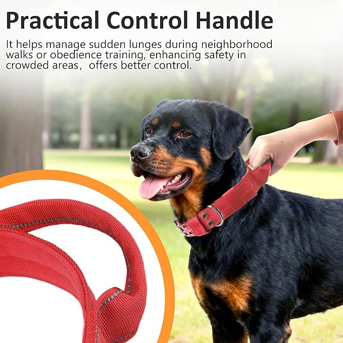 Tactical Dog Collar with Control Handle, Military Adjustable Pet Collar Reflective Heavy Metal Buckle Dog Collar, Soft Nylon Training Collar for Medium Large Dogs (Red, Medium)