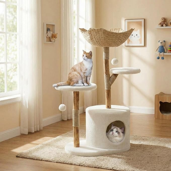 50-Inch Multi-Level Natural Wood Cat Tree for Large Cats - Modern Climbing Tower with Scratching Posts, Perch & Cozy Bed, Minimalist Pet Furniture for Indoor Kittens, Sturdy Design Fits Home Déco
