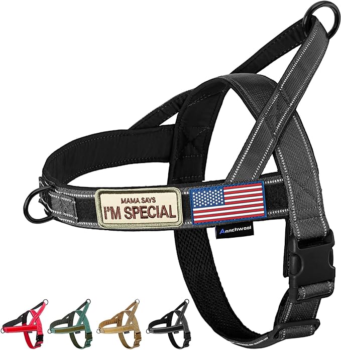 Annchwool No Pull Dog Harness with Soft Padded Handle-Reflective Strip Escape Proof and Quick Fit to Adjust Dog Harness-Easy for Training Walking for Small & Medium and Large Dogs(Black,XS,1 In Width)