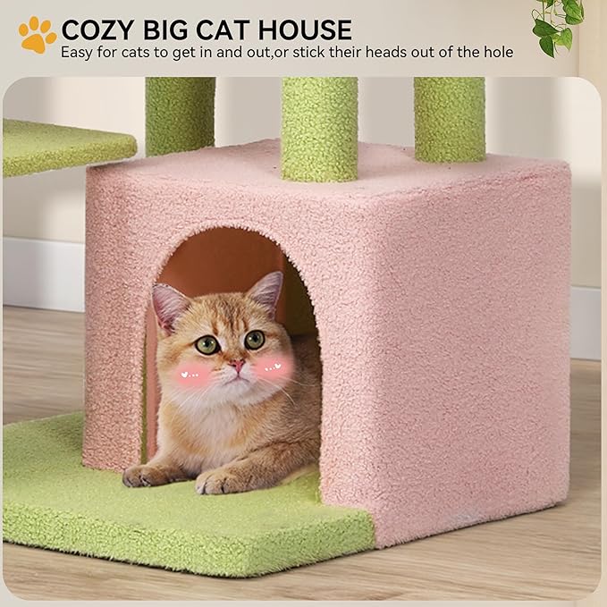 YITAHOME Tall Flower Cat Tree Tower with Detachable Perch, 65in Cute Cat Climbing Tower for Indoor Cats with Cat Condo, Basket, Tunnel, Sisal Scratching Posts and Board, Pink and Green