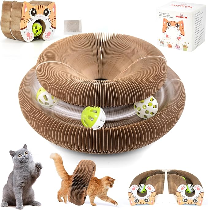 2PCS Upgraded-Magnetic Kitty Kurls Cat Scratcher Toy, Interactive Cardboard Cat Toy for Mental Physical Exercise, Multi-Shape Magic Organ Cat Toy for Indoor Cats Infinite-Flip, Brown/Orange, M