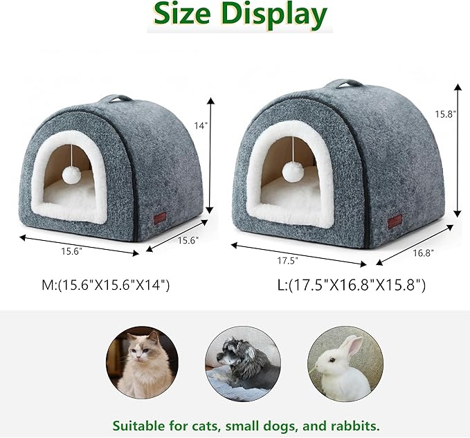 Cat Bed for Indoor Cats,2-in-1 Convertible Cat Bed & Cave,Foldable Washable Cat House,Soft and Thick Removable Inner pad, Anti-Slip Bottom,cat Tent for Kittens,Cats & Small Dogs,Dark Grey