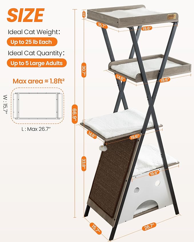 Modern Wood Cat Tree Tower for Indoor Cats Large Adult - 67 Inch Tall Multi-Level Heavy Duty Cat Condo Trees Furniture with Caves Perch Bed Scratching Board -XL Big Wooden Kitty House