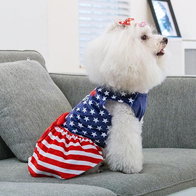 CuteBone Dog Dresses Velvet 4th of July Small Dogs Clothes Onesie Pet Apparel Girl Puppy Skirt with Bow Hair Rope CVA39L-D