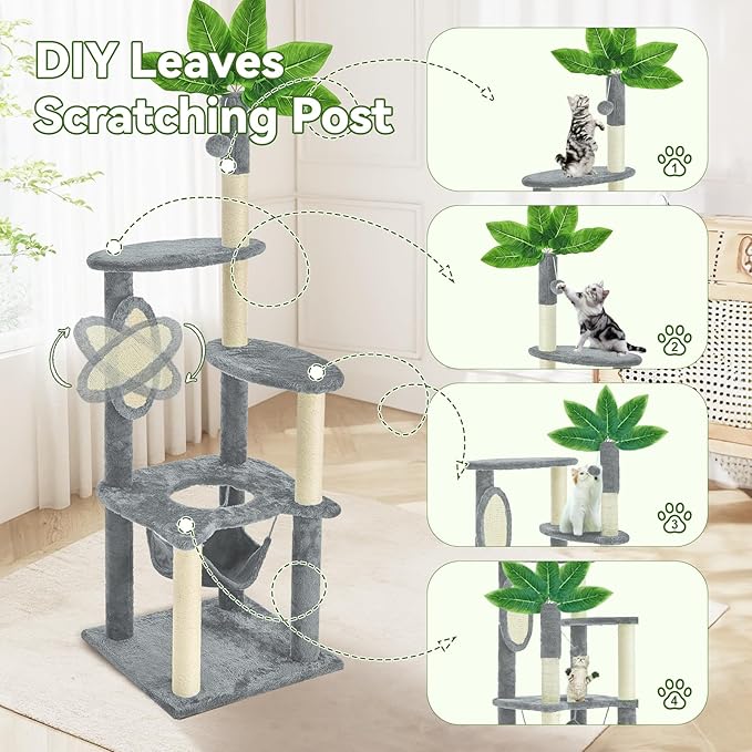 60" Cat Tree for Indoor Cats with Green Leaves, Multi-Level Large Cat Tower with Hammock, Plush House w/Hang Ball Toy and Scratching Posts (Grey)