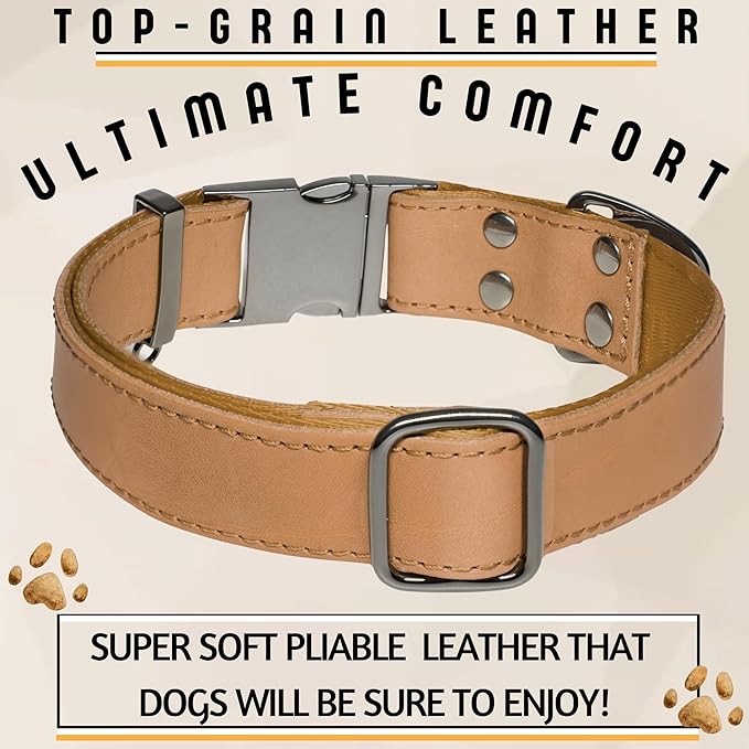 ADITYNA Leather Dog Collar with Metal Buckle - Heavy-Duty, Adjustable for Large & Extra Large Dogs - Walking & Training (CamelBrown, Fits 19-30" Necks)