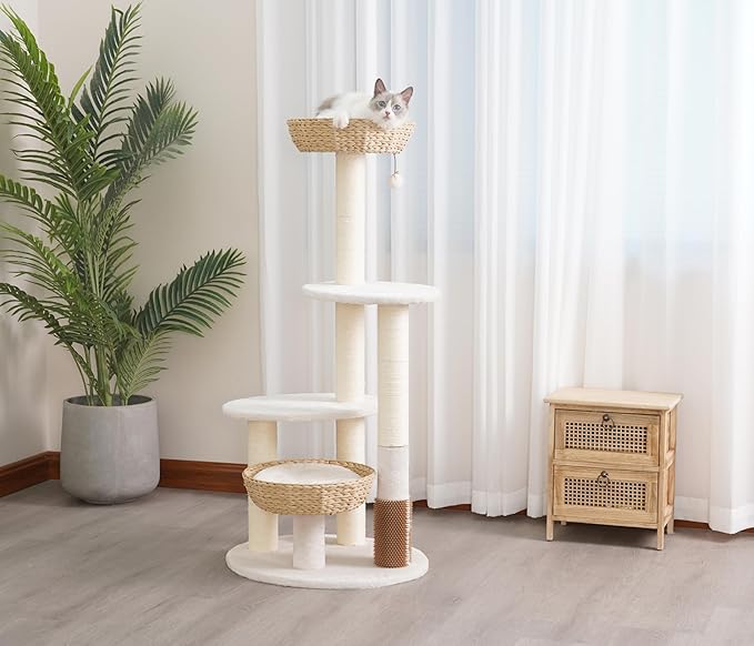 PetPals® Pharaoh 5-Level Cat Tree with Recycled Paper Rope Baskets, Sisal Scratching Posts, Teaser Toy, Massager, Eco-Friendly Boho Cat Furniture for Cats Up to 15 lbs