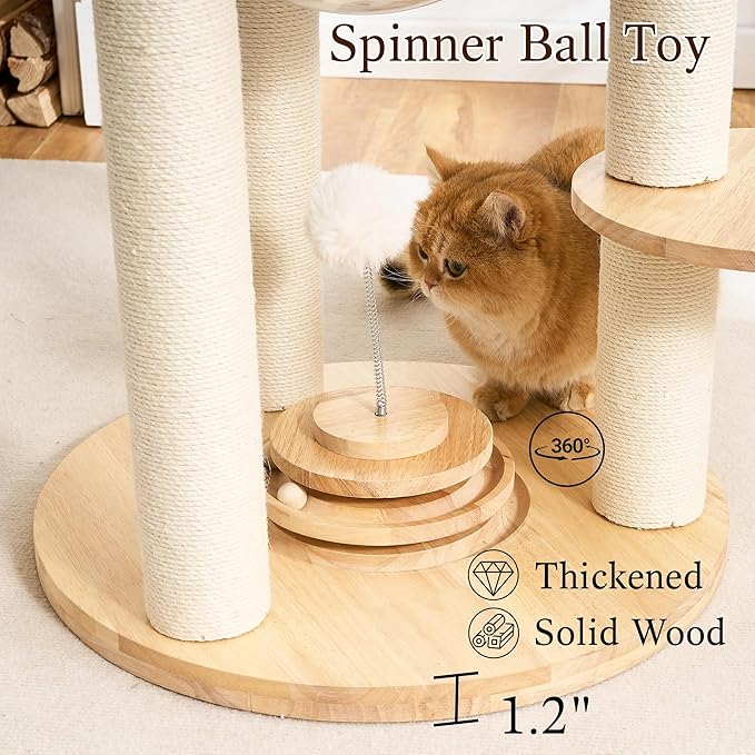 797Audio Wood Modern Cat Tree, 61.5" Cat Tower with Sisal Scratching Posts, Cat Condo, Capsule,Hamnock and Spinner Toy, Solid Wooden Aesthetic Multi-Level Cat Climbing Tree for Adult Indoor Cats-White