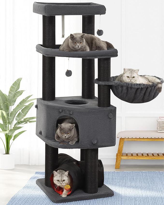 Heavy Duty Cat Tree for Large Cats Adult - 60 Inch XXL Sturdy Cat Tower Condo with Extra Wide Scratching Posts (φ4.4in) Big Cat House Hammock Perch - Indoor Wood Modern Multi Level Corner Cat Bed