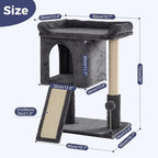 Small Cat Tree Tower for Large Cats with Spacious Top Bed 20x13.8”Private Cat Condo,Sisal Scratching Post and Ramp and Self Groomer and Spring Ball-Dark Grey