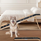Easyego Foldable Dog Ramp for Bed, 74" Wood Pet Ramp with Side Rails and High Traction Carpet, 22° Gentle Long Slope, Top Landing Platform, Supports up to 200 LBS for Senior Dogs - Natural