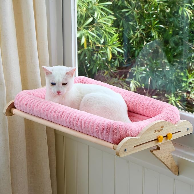 Cat Window Perch, Adjustable for Standard Window Sills Up to 7" Deep with Gap/Slot, Sturdy Wooden Cat Window Hammock Holds Up to 45 lbs, Washable Sherpa Cushion Window Seat for Large Indoor Cats