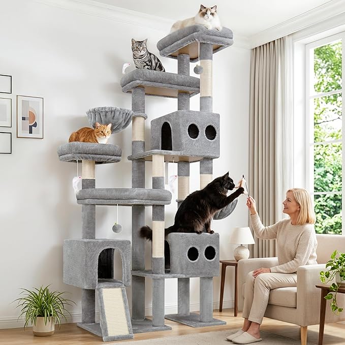 Globlazer 82" Extra Large Cat Tree for Big Cats, Heavy Duty Cat Tree for Multi-Cat Household, Maine Coon Cat Tree with 3 Condos, 2 Hammocks, 3 Perches & Scratching Board, S82D, Light Grey