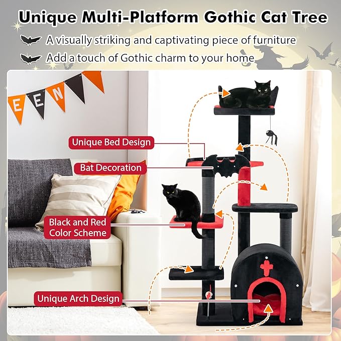 PETSITE Gothic Cat Tree, 53 Inch Multi-Level Cat Tower with Scratching Posts, Cat Bed, Arch-Shaped Condo, Pompom and Spring Balls, Goth Cat Tree for Indoor Cats Large