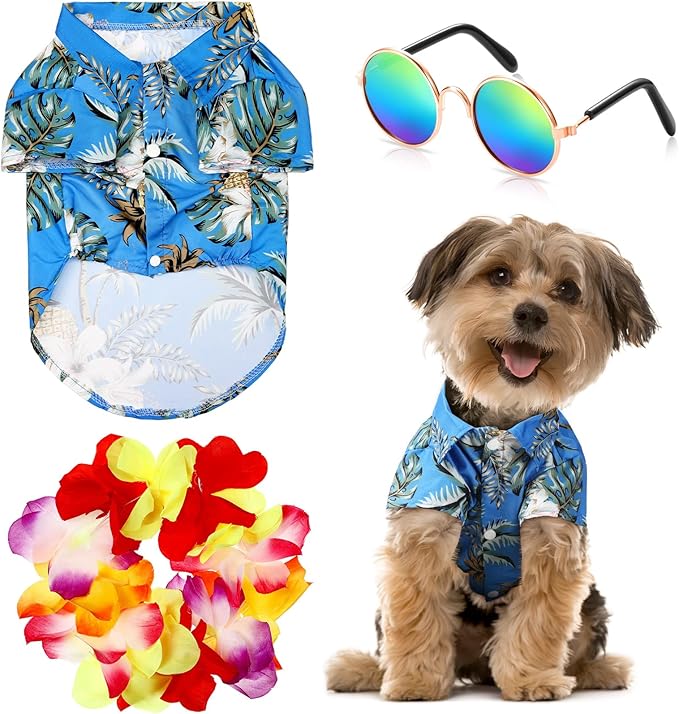 3 Pieces Small Dog Hawaiian Costume Puppy Halloween Cool T-Shirts Summer Clothes with Retro Sunglasses and Colorful Wreath Hawaiian Shirts Costume for Small to Medium Dogs Pet(Blue Series)