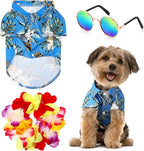 3 Pieces Small Dog Hawaiian Costume Puppy Halloween Cool T-Shirts Summer Clothes with Retro Sunglasses and Colorful Wreath Hawaiian Shirts Costume for Small to Medium Dogs Pet(Blue Series)