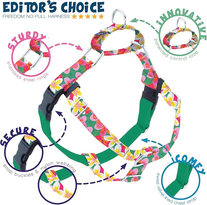 2 Hounds Design - Freedom No-Pull Harness & Training Leash in Green Aloha | Dual Leash Loops, No Pulling on Walks | Lined to Prevent Chaffing | for Large Sized Dogs (Size L, Chest 28”- 32”)