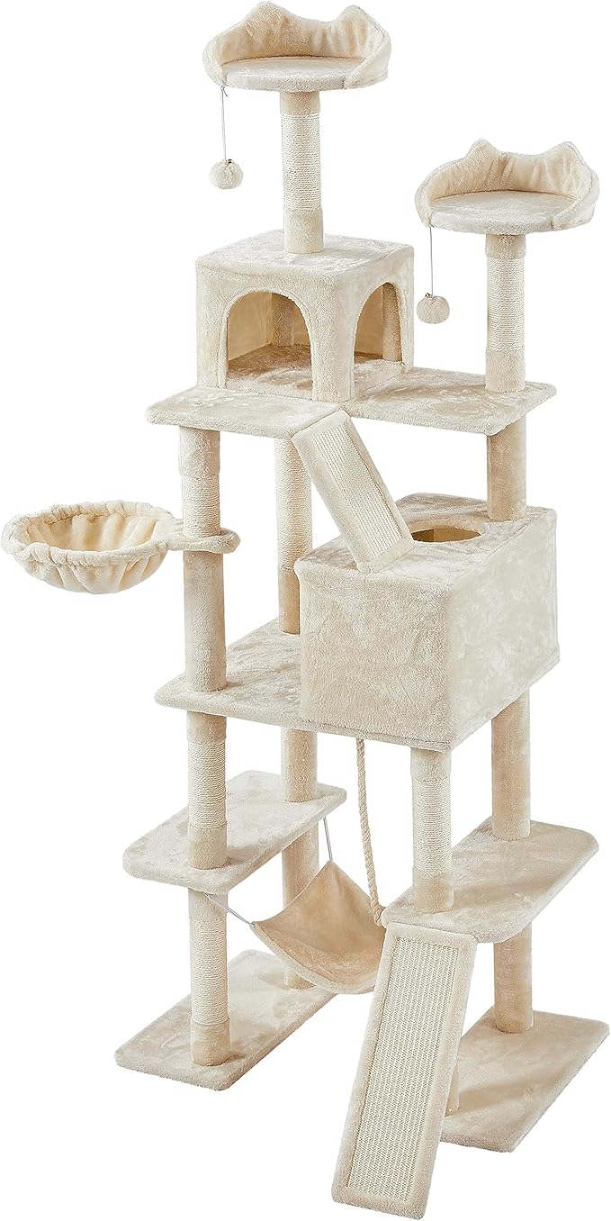 Topeakmart Cat Tree, 82.5in Climbing Tower with 2 Kitten-Ear-Style Top Perches, Hammock, Basket, Scratching Posts, Multilevel Pet Furniture Activity Center for Indoor Felines, Beige