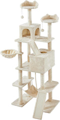 Topeakmart Cat Tree, 82.5in Climbing Tower with 2 Kitten-Ear-Style Top Perches, Hammock, Basket, Scratching Posts, Multilevel Pet Furniture Activity Center for Indoor Felines, Beige