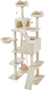 Topeakmart Cat Tree, 82.5in Climbing Tower with 2 Kitten-Ear-Style Top Perches, Hammock, Basket, Scratching Posts, Multilevel Pet Furniture Activity Center for Indoor Felines, Beige