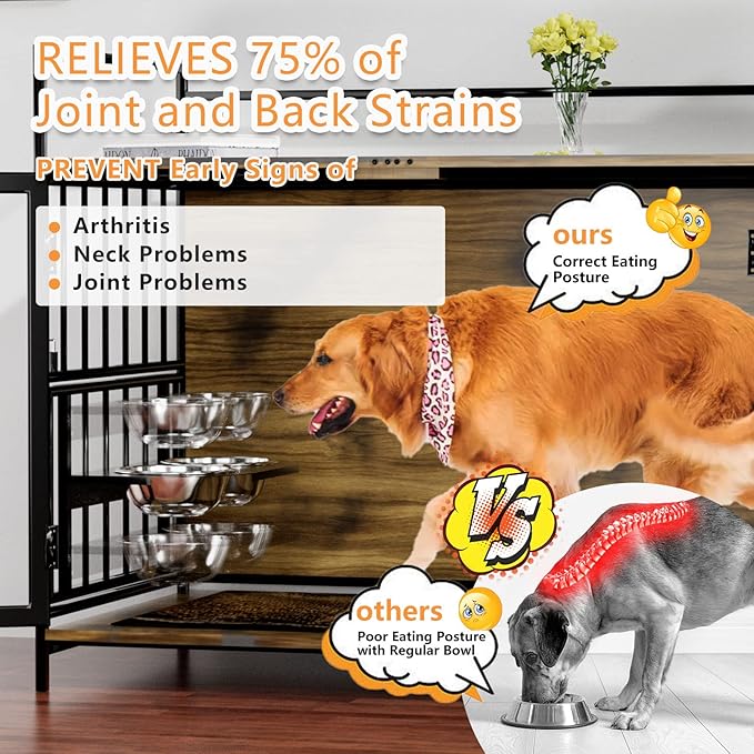 ROOMTEC Furniture Style Large Dog Crate with 360° & Adjustable Raised Feeder for Dogs 2 Stainless Steel Bowls -End Table House Pad, Indoor Use,41" L X 24" W 36" H, Classic Brown