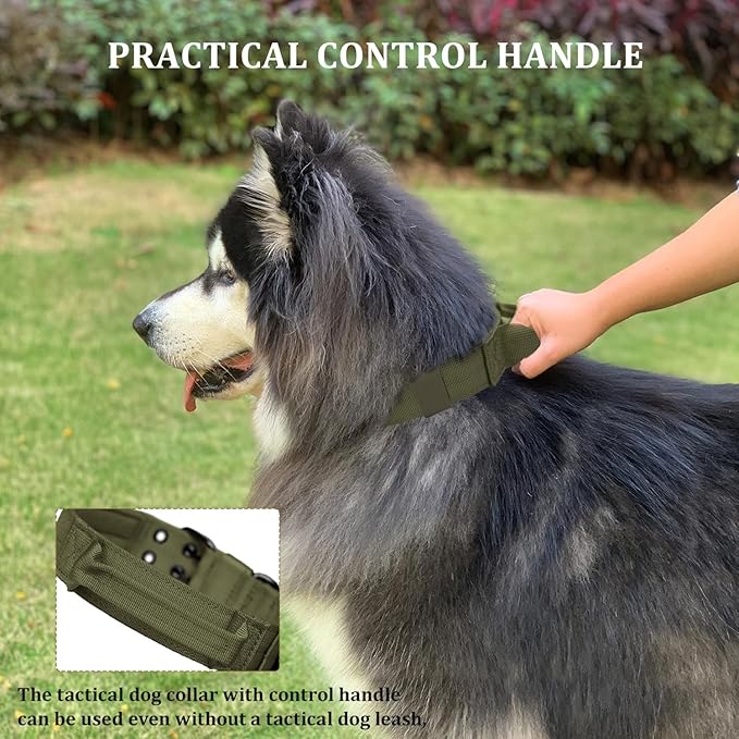 Tactical Dog Collar with Handle, Military Adjustable Heavy Duty Metal Buckle Dog Collars Soft Nylon Training Collar for Medium Large Dogs (Green, Medium)