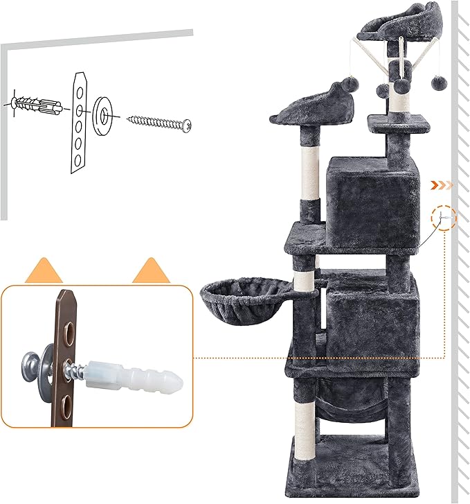 Topeakmart Cat Tree for Indoor Cats, 67in Cat Tower, Multi-Level Cat Play House with Condos & Scratching Posts & Hammock & Basket & Dangling Ball, Dark Gray